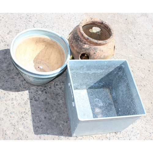 365 - Terracotta strawberry planter, galvanised tub and a blue glazed garden pot (3)