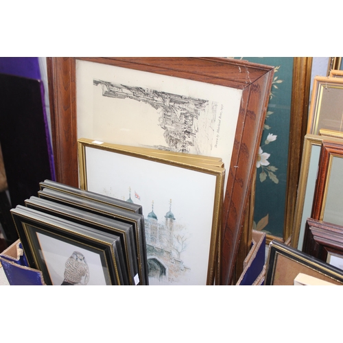 508 - 2 boxes and some loose mixed pictures to inc antique Muirhead Bone prints, bird fire screen etc etc