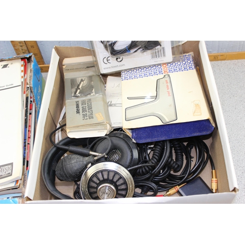 822 - 2 boxes of mixed audio related items to inc headphones, Cleaning, magazines etc etc