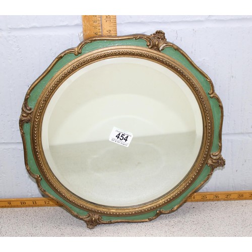 454 - Vintage round gilt framed mirror with green painted details