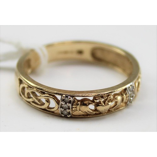 1223 - 9ct gold and white stone band with Claddagh motif, approx size R & 2.6g gross