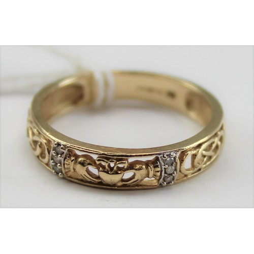 1223 - 9ct gold and white stone band with Claddagh motif, approx size R & 2.6g gross