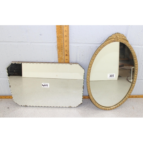 405A - A small vintage oval gilt framed mirror and a Deco clip frame mirror