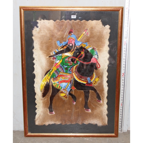 408A - An unusual painting on goat skin depicting a Mongol warrior, likely Ethiopian, framed and glazed