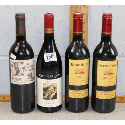 1600 - 4 bottles of assorted vintage red wine, 2 Roche Mazet 2007 Merlot, 2004 Les Seigneurs d'Arques & Cir... 