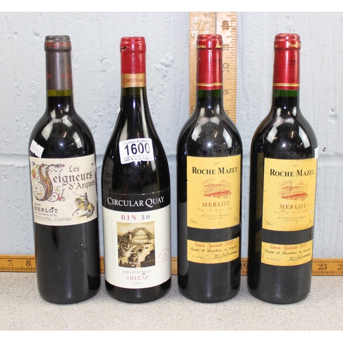 1600 - 4 bottles of assorted vintage red wine, 2 Roche Mazet 2007 Merlot, 2004 Les Seigneurs d'Arques & Cir... 