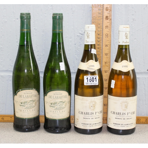 1601 - 4 bottles of assorted white wine, 2 Domaine de la Meuliere Chablis, 1er Cru & 2 1994 Domaine de Laba... 