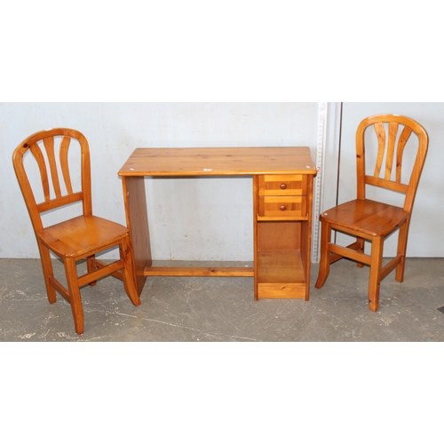 22 - Pine desk with drawers and 2 pine chairs