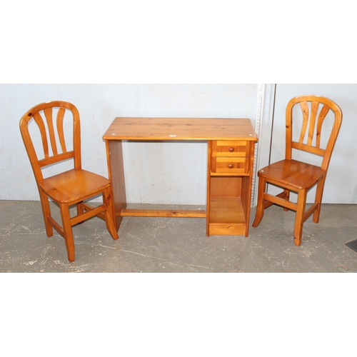 22 - Pine desk with drawers and 2 pine chairs