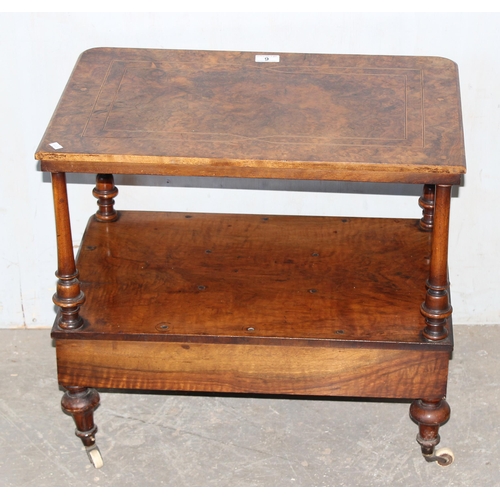 6 - A small antique walnut end table with drawer, on brass and ceramic castors