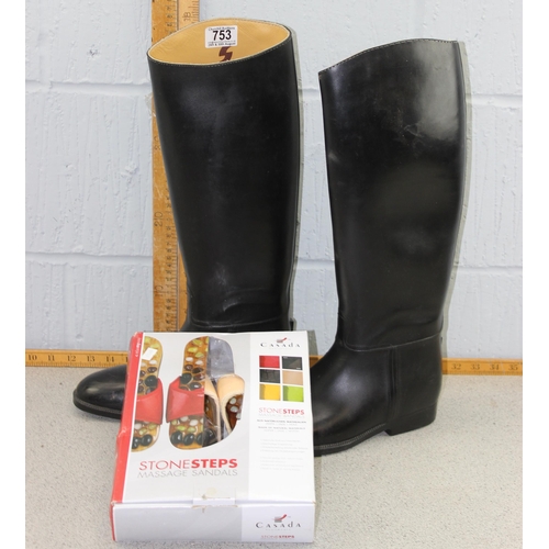 753 - Pair of Stylo riding boots, UK size 6 to 6.5 and a pair of stone massage sandals