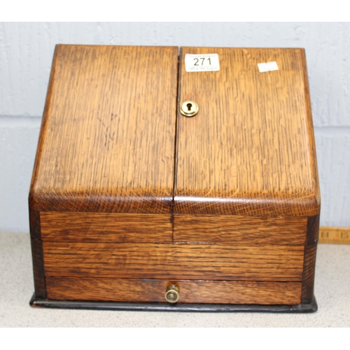 271 - An early 20th century oak desktop stationery box with key