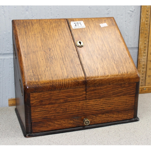 271 - An early 20th century oak desktop stationery box with key