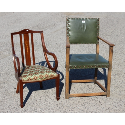 47 - An Edwardian Sheraton Revival inlaid chair and a Jacobean style armchair (2)