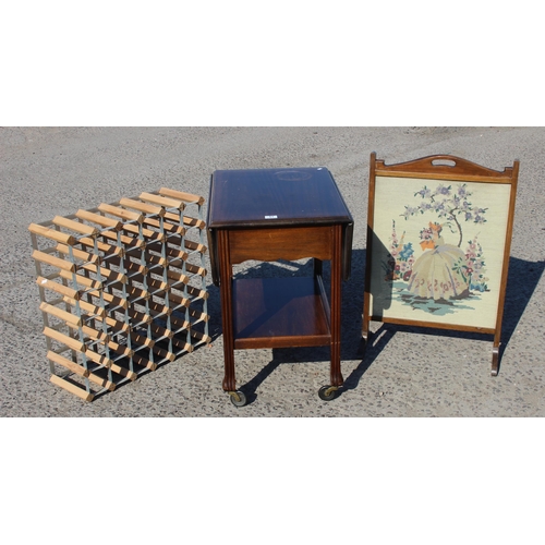 51 - Vintage wooden drop leaf trolley, embroidered fire screen and a wine rack (3)