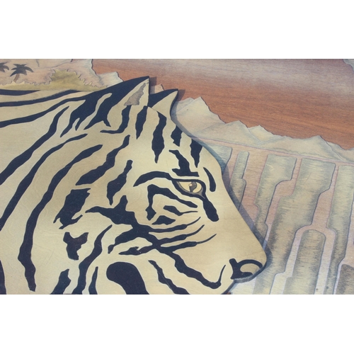 54 - An unusual large wooden and glazed coffee table formed with a fretwork scene of a Tiger