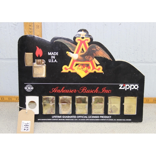 1612 - A rare Anheuser Busch brewery shop advertising display containing Zippo lighters, all with advertisi... 