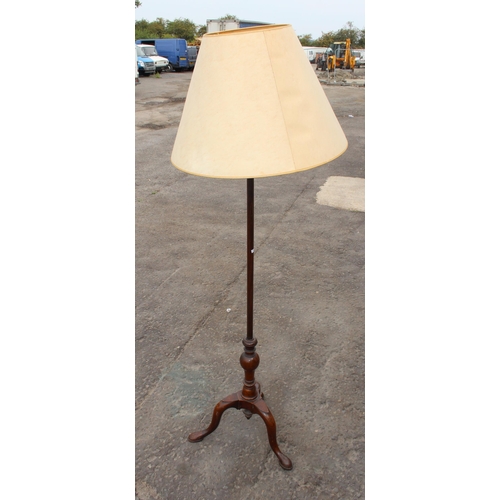 239 - An unusual antique brass and mahogany standard lamp with triple fitting and shade