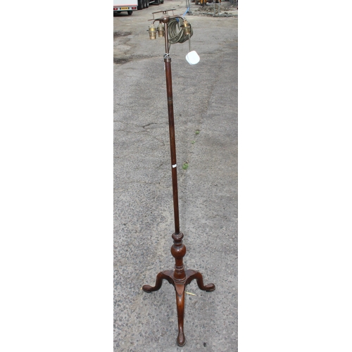 239 - An unusual antique brass and mahogany standard lamp with triple fitting and shade