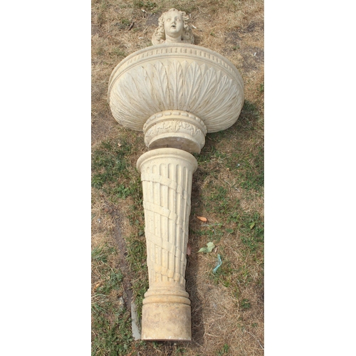 334 - Haddonstone garden wall fountain with pedestal, featuring a bowl with tapered pedestal and spirallin... 