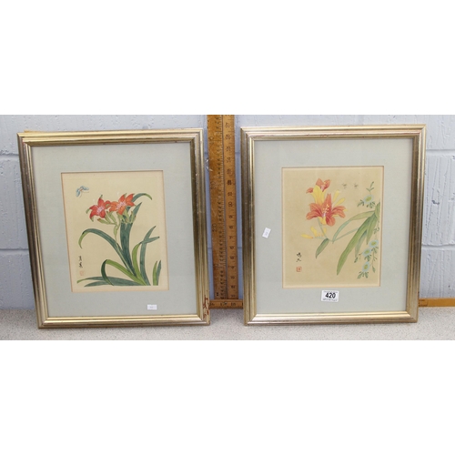 420 - 2 Oriental prints or paintings on fabric, floral scenes