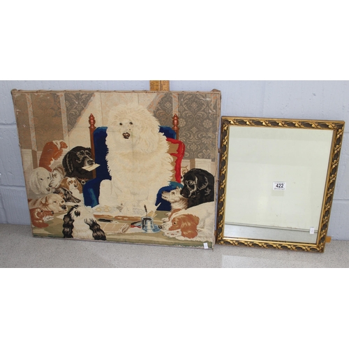 422 - Antique dog tapestry picture and a small gilt framed mirror (2)