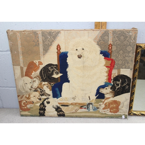 422 - Antique dog tapestry picture and a small gilt framed mirror (2)