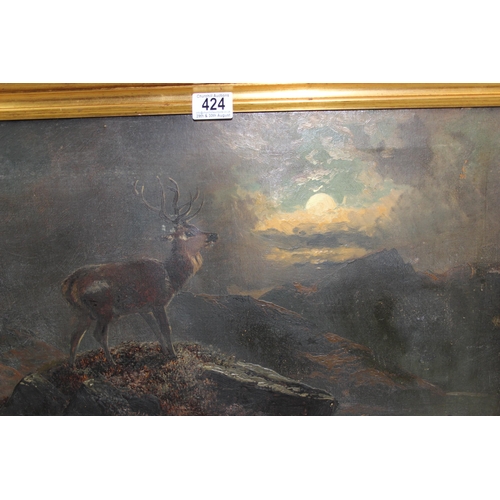 424 - 19th century framed oil on canvas painting of a Red Deer Stag by moonlight, painted on Windsor & New... 