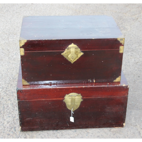 75 - 2 vintage Chinese lacquered boxes with brass mounts, one bearing label to interior