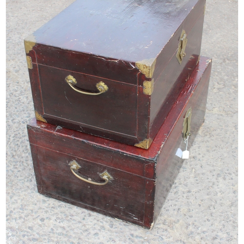 75 - 2 vintage Chinese lacquered boxes with brass mounts, one bearing label to interior