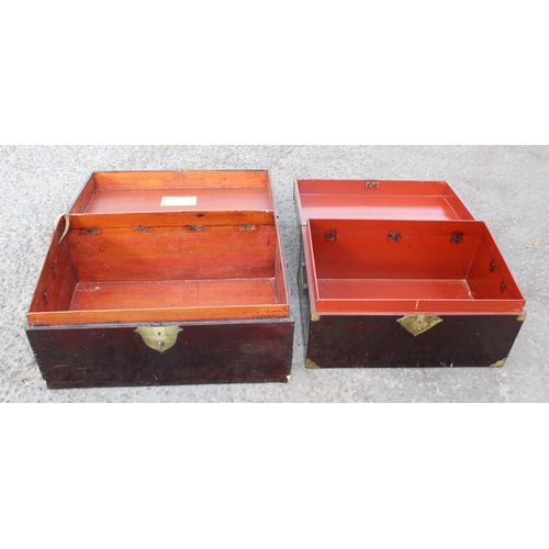 75 - 2 vintage Chinese lacquered boxes with brass mounts, one bearing label to interior