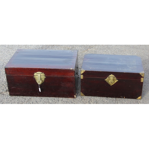 75 - 2 vintage Chinese lacquered boxes with brass mounts, one bearing label to interior