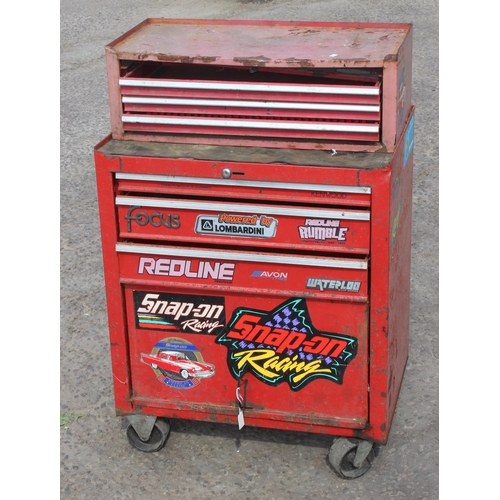 Red metal tool box on wheels