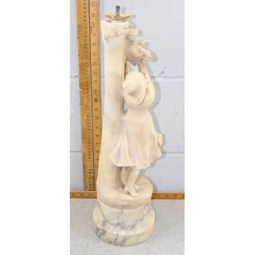 262 - A large vintage carved alabaster or marble carved lamp base depicting a girl under a tree, approx 55... 