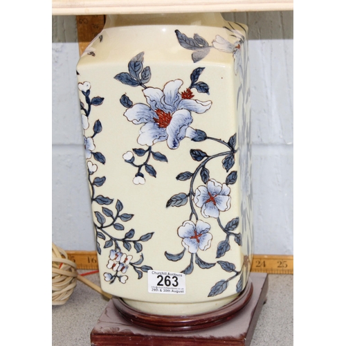 263 - A large vintage Chinese designed lamp with flowers on cream ground