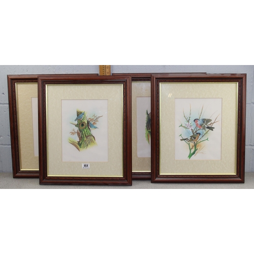 464 - A set of 4 vintage paintings on silk, all depicting British birds, all unsigned, excellent quality