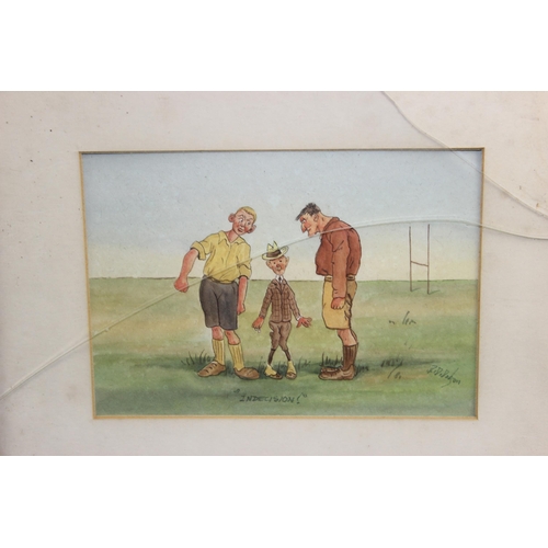 467 - 3 comedic Rugby themed watercolour cartoons by R.D. Dobson