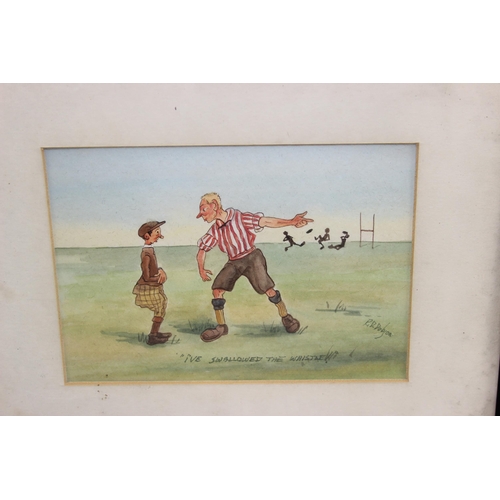 467 - 3 comedic Rugby themed watercolour cartoons by R.D. Dobson