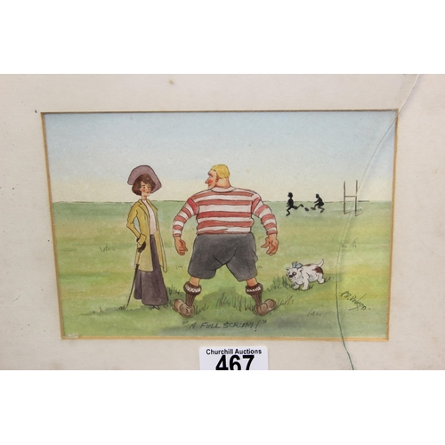 467 - 3 comedic Rugby themed watercolour cartoons by R.D. Dobson