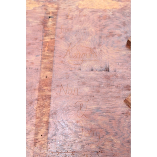 107 - Rustic wooden low table with engraved dedication verso