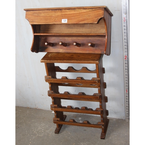 120 - French oak wall mounted coat rack with shelf and a 12 bottle oak wine rack with stud detailing