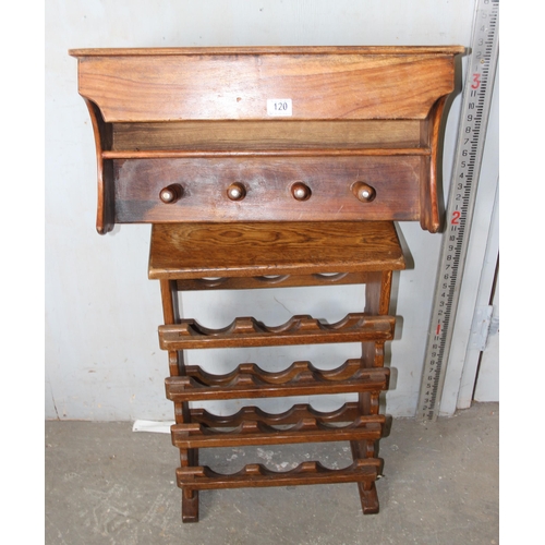 120 - French oak wall mounted coat rack with shelf and a 12 bottle oak wine rack with stud detailing