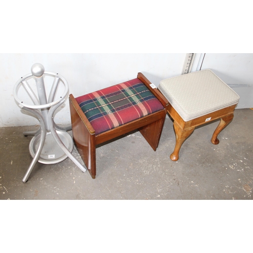 122 - An Art Deco walnut veneered piano/dressing table stool, light oak-framed upholstered stool and a pai... 