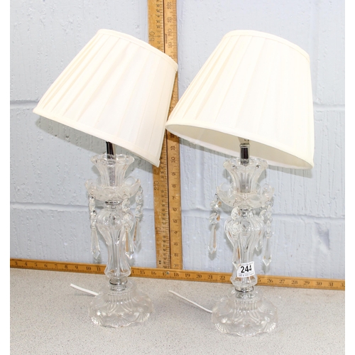 244 - Pair of glass table lamps with lustre style crystal droplets