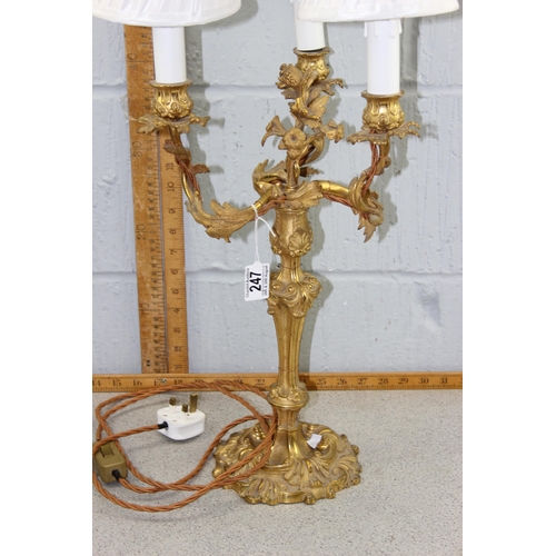 247 - An impressive triple table lamp formed from an antique 3 branch gilt bronze or Ormolu candelabra in ... 