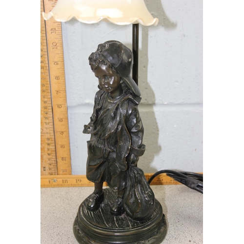 250 - Art Deco style table top lamp with glass shade, base with bronze effect young boy figurine by Widdop... 