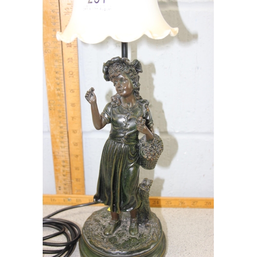 251 - Art Deco style table top lamp with shade, bronze effect base with young girl figurine by Widdop Bing... 