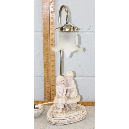 252 - Art Deco style table top lamp with glass shade, boy and girl figurine detailing to base by Widdop Bi... 