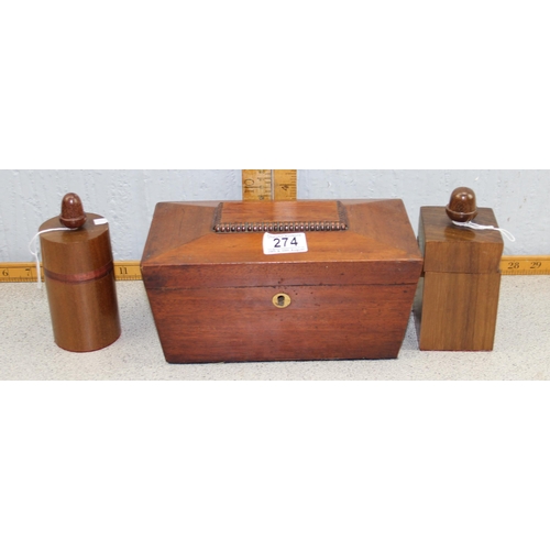 274 - Antique mahogany tea caddy and 2 treen tobacco jars (3)