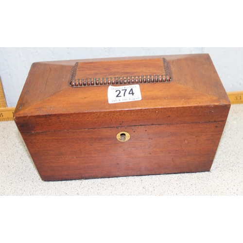 274 - Antique mahogany tea caddy and 2 treen tobacco jars (3)